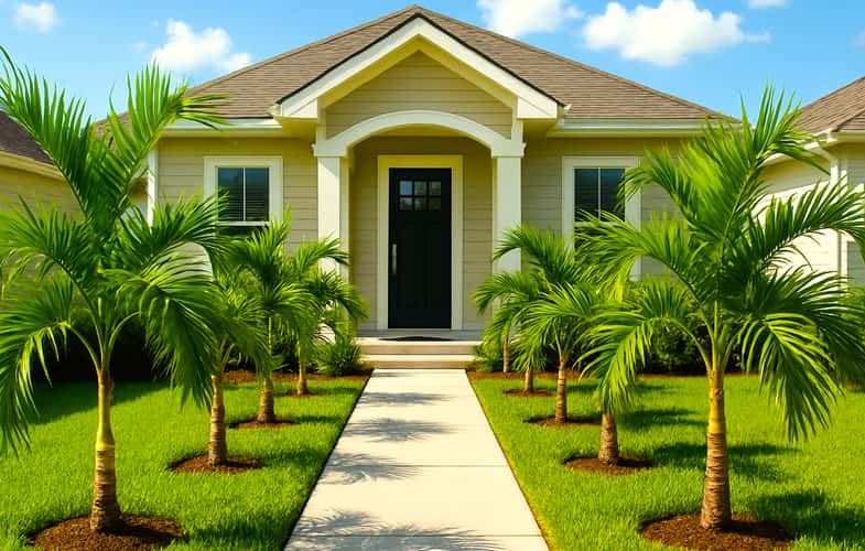 small palm trees line each side of a sidewalk to a home entry door