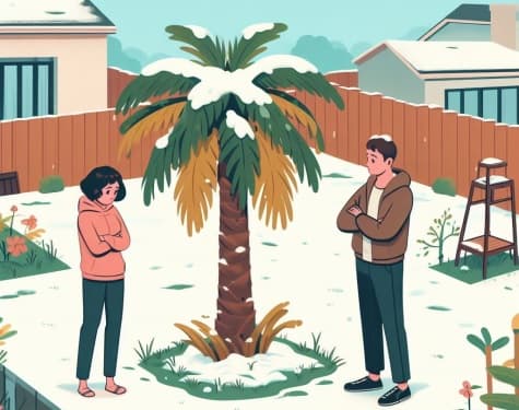Young couple mulling over what to do because their palm tree was hit by an unexpected snowstorm.