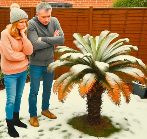 couple looking worriedly at an outdoor palm tree covered in snow