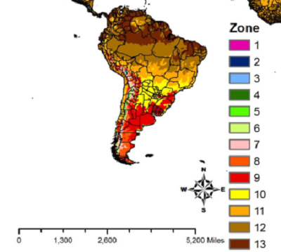Map of South American Plant Hardiness Zones