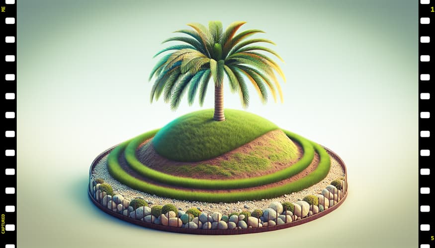 lone palm tree growing on a hillock surrounded by grass and edged with decorative bricks