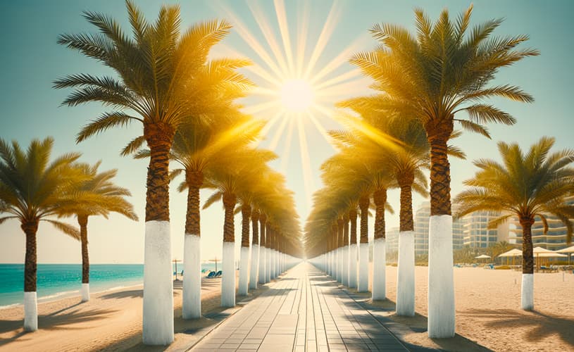 Sun Hitting Beach Palms With White Trunks