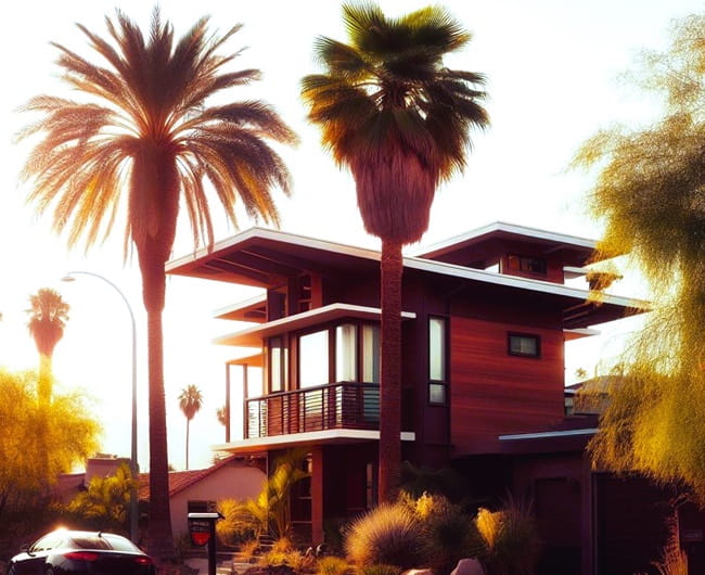 Aura of a hot sunny day for a 3-story home with tall palms in the landscape.