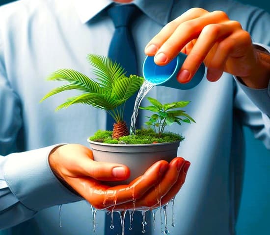 man in dress shirt and tie testing water drainage in a potted palm man in dress shirt and tie testing water drainage in a potted palm