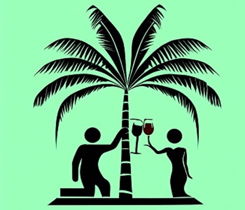 silhouette of a couple toasting a wine palm  silhouette of a couple toasting a wine palm