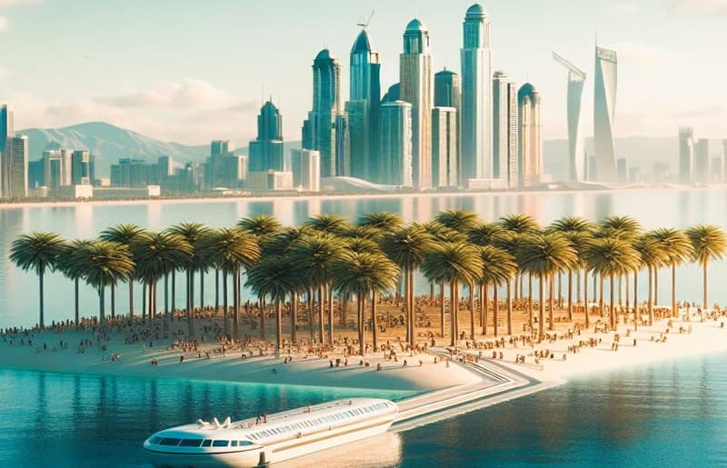 Dubai island with palm trees and scattered tourists ready to board a ferry.