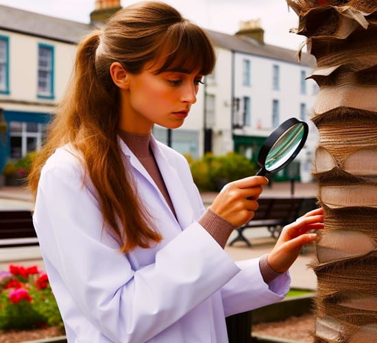 woman in a lab coat examing a palm tree trunk with a magnifying glass. woman in a lab coat examing a palm tree trunk with a magnifying glass.