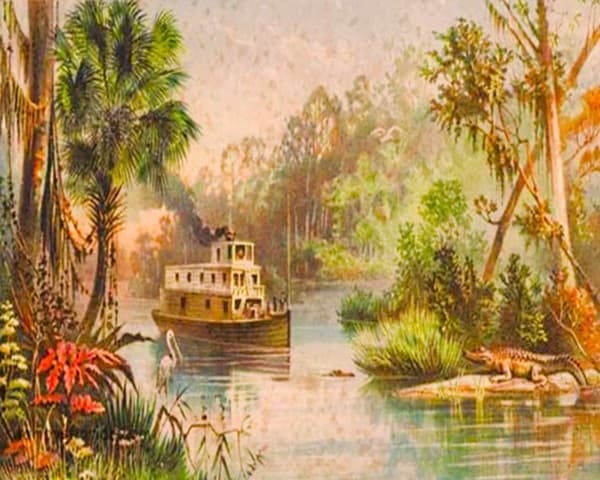 Vintage postcard from 1800s of a river with a boat