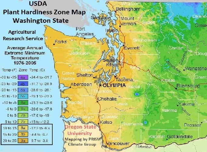 Washington State's coastal map for Plant Hardiness