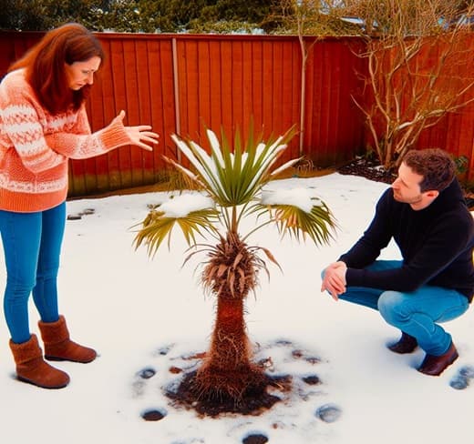 couple outdoors in the snow worry about their palm tree couple outdoors in the snow worry about their palm tree