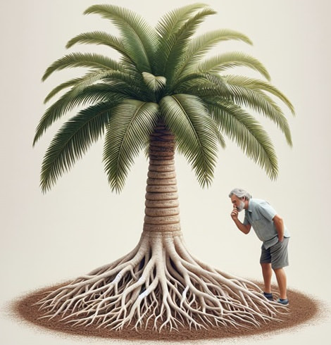 Man studying the way palm roots grow Man studying the way palm roots grow