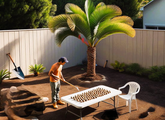 man looking at palm tree seeds on a table near his palm in a fenced yard