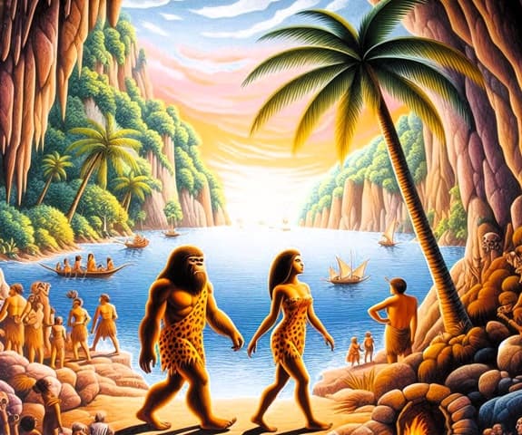 early men and woman in a lakeside environment with palm trees