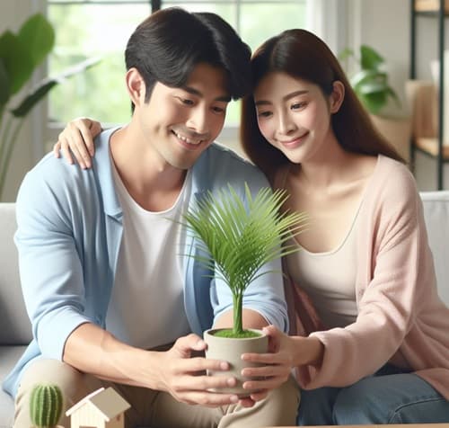 couple looking happy while holding the new potted palm they purchased