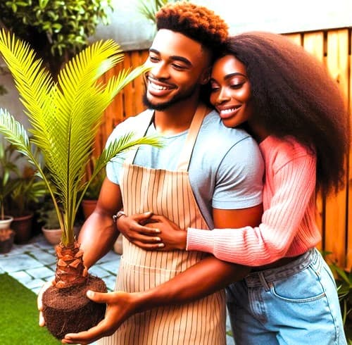 couple happily about to plant a small palm tree in their backyard