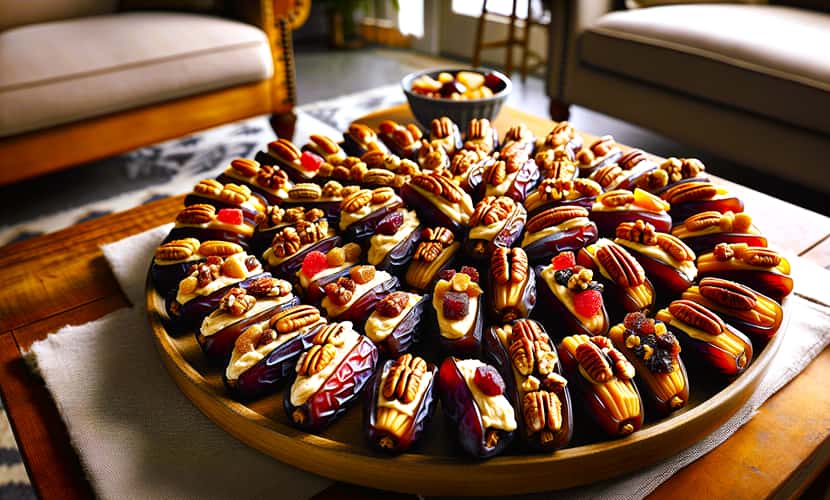 platter of filled date treats on a coffee table