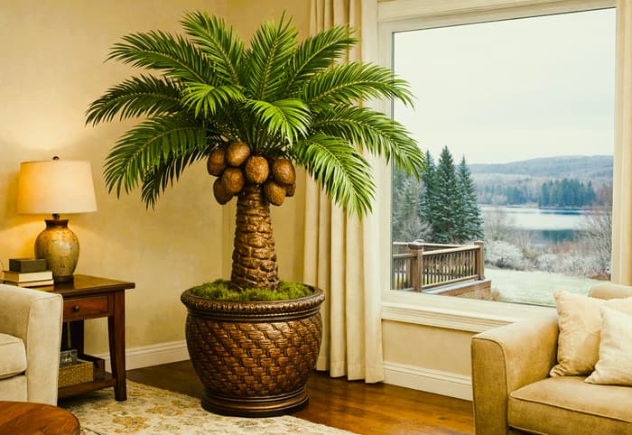 artificial palm tree with coconuts in the room of a home near a picture window