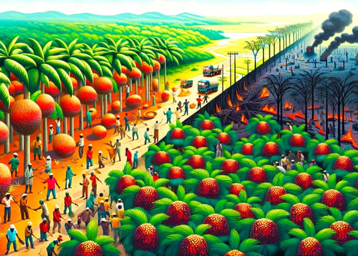 scene depicting oil plantation controversies with workers, deforestation and pollutants
