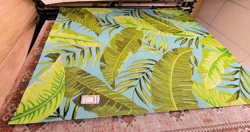 An outdoor rug or mat with palms for a tropical vibe. Found at Home Goods.
