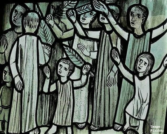 people waiting in Jerusalem for Jesus, while holding palms