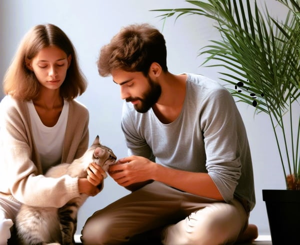 two people sitting on the floor trying to help a cat