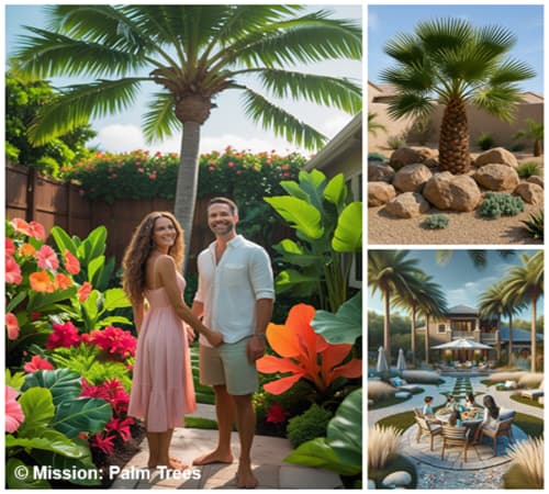 a collage demonstrating three types of landscaping themes for use with palm trees a collage demonstrating three types of landscaping themes for use with palm trees