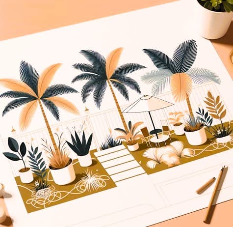 drawing out a plan for using low maintenance small palms in a backyard landscape