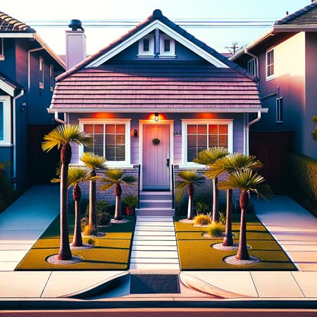 palms alongside the sidewalk leading to a home with a small front yard