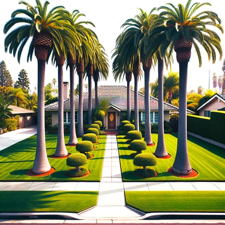 palms alongside a sidewalk in a home's large front yard