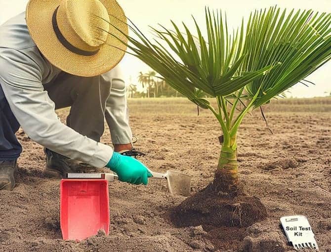 Man digs up soil by a palm tree to get it analyzed