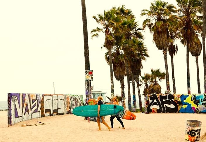 Two surfers walk to the waves in Venice Beach, Los Angeles