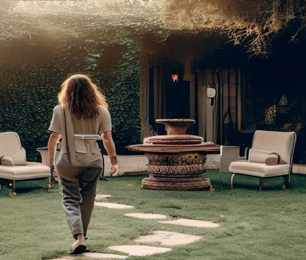 woman walking to a corner of her yard with seating for contemplation