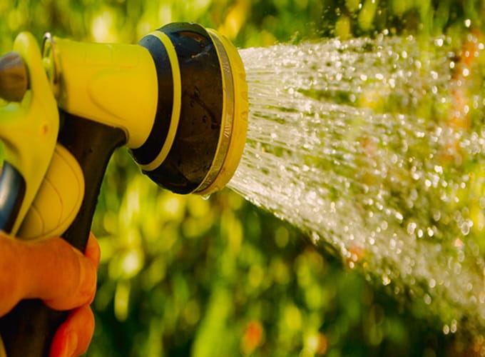 hand gripping a watering hose with water coming out the end