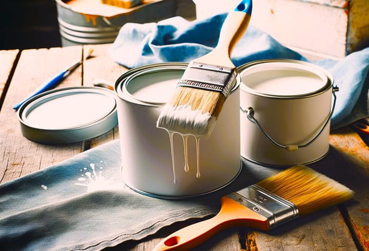 white latex paint with brushes and rags on a worktable