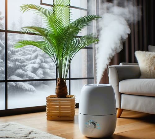 Humidifier helping air surrounding an indoor potted palm in wintertime