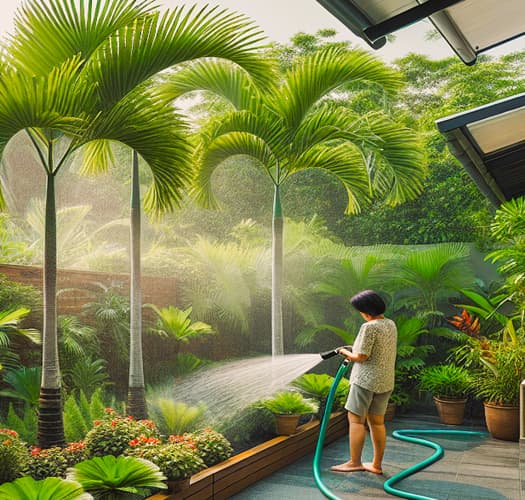 woman in a backyard watering palm trees with a hose